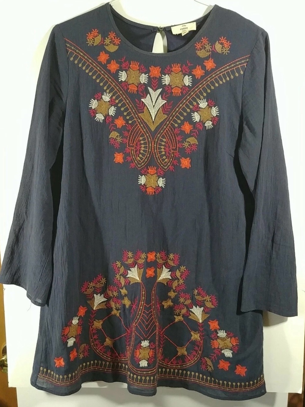 Entro Navy Cotton Embroidered Tunic Dress Medium